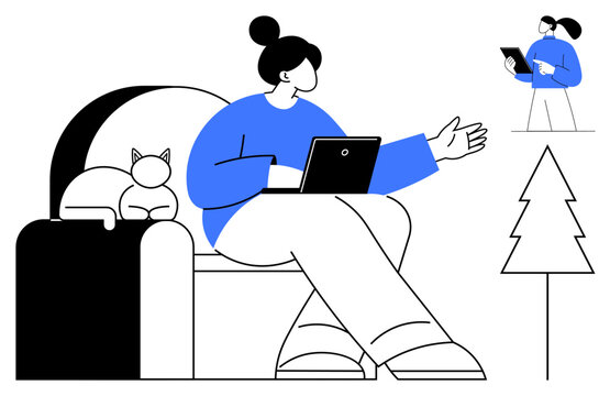 Woman sits on armchair with a laptop, cat resting next to her. Virtual meeting or online interaction shown, with tree adding minimal outdoor context. Ideal for remote work, communication, technology