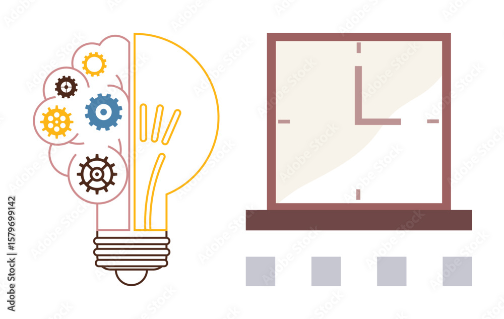 Poster light bulb with gears symbolizing innovation, paired with a clock representing time management. idea