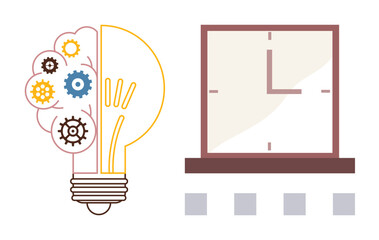 Light bulb with gears symbolizing innovation, paired with a clock representing time management. Ideal for creativity, productivity, efficiency, brainstorming, planning, innovation success. Simple