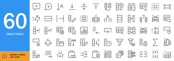 Table tools icon set. Minimalist vector sprite sheet. Data science & dev tools collection. Includes charts, graphs, code symbols, visualization. Clean line art, white background.