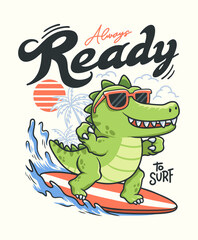 Crocodile surfing hand drawn illustration, ready for print on t-shirt and other uses.
