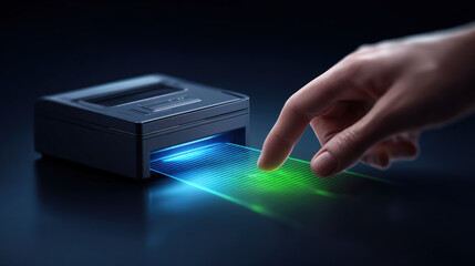 Close up of hand scanning item with smart scanner device digital technology modern electronic equipment high tech scanner electronic device data transfer wireless communication digital interface
