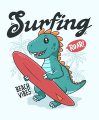 Dinosaur surfing hand drawn illustration, ready for print on t-shirt and other uses