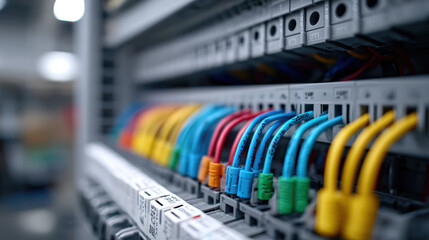 Naklejka premium Close up of electrical panel with numerous wires connected organized color coded groups showing circuit breakers and wiring system electrical equipment industrial setting power distribution safety