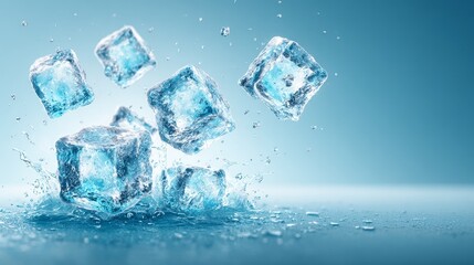 Melting ice cubes splashing in crystal clear water refreshing drink concept studio shot