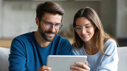 Happy couple looking at tablet together, smiling and enjoying moment of connection indoors, conveying happiness, companionship, and shared interest in cozy setting