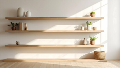 Minimalist Light Wood Shelves With Plants and Pottery Against a White Wall