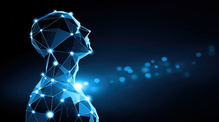 Digital representation of human head and upper body created with glowing interconnected lines and points, symbolizing artificial intelligence and technological innovation