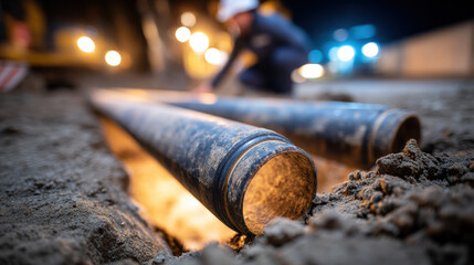 Worker installing underground drainage pipes during nighttime construction, with blurred city lights in background, showing process of managing water flow and infrastructure development