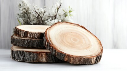Natural wooden slices stacked on a table, perfect for rustic decor or craft projects.