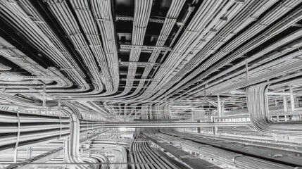Complex network of electrical conduits and cables running along ceiling and walls of industrial or commercial building, showcasing organized wiring system and infrastructure, with focus electrical