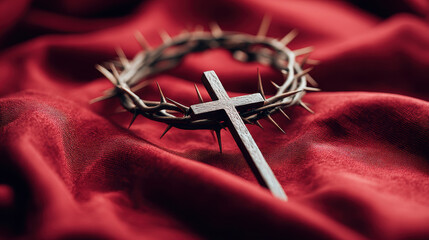 Wooden cross with crown of thorns resting on red fabric, symbolizing sacrifice and suffering, evokes deep emotional and spiritual reflection, emphasizing themes of faith and redemption