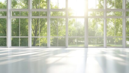 Sunlit room with large windows overlooking lush greenery