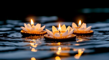 Glowing lotus shaped candle lamps floating on the calm waters of a river creating a serene and meditative atmosphere during the Diwali festival