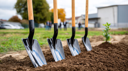 Row of shovels with wooden handles and black metal blades planted in freshly turned soil, ready for groundbreaking ceremony, with small plant nearby and blurred background of people and buildings