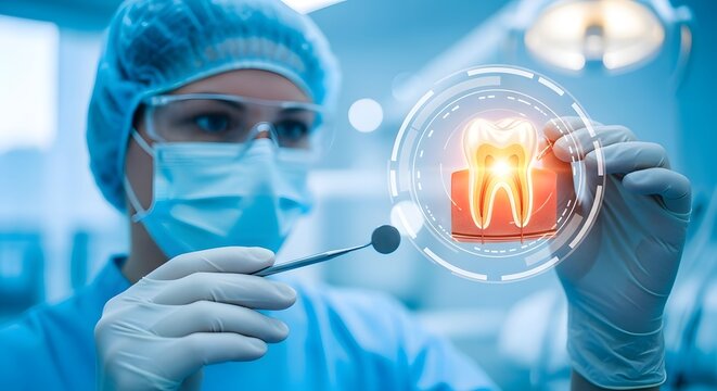 World Oral Health Day Dentist Examining Tooth Model with Precision Tools in a Modern Clinic, Ensuring Dental Health and Hygiene with Advanced Technology