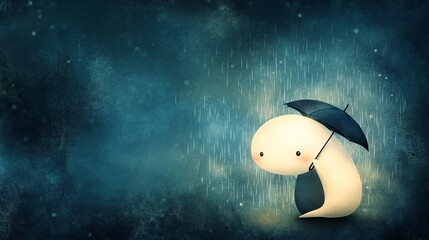 An imaginative creature with an umbrella, standing in raindrops, evokes whimsy and introspection in a dreamy landscape.