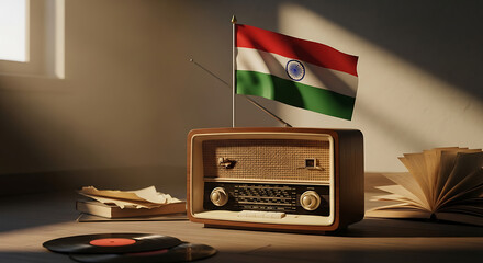 Vintage radio with Indian flag, books, and records on a table, bathed in warm sunlight.