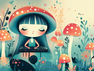 A whimsical illustration of a girl with a mushroom hat playing music surrounded by colorful flora and fungi.