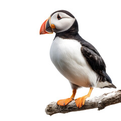 Obraz premium Colorful Atlantic puffin perched on branch isolated on transparent background