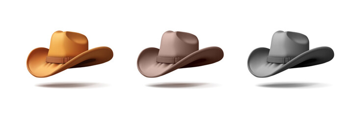 Set of colored cowboy hats, 3D. Cool cowboy outfit, symbol of Texas, bravery, strength, courage. Graphic elements. Vector illustration.