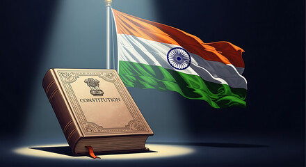 Indian Constitution and flag illuminated, symbolizing national pride and legal framework.