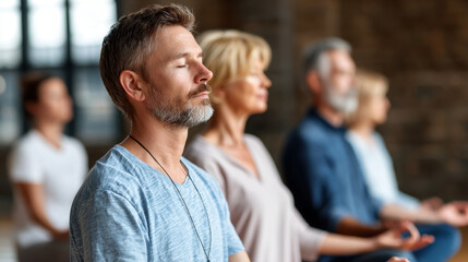 Group of seniors practicing meditation class sitting with eyes closed relaxed and peaceful indoor setting with natural light mindfulness mental health wellness calmness concentration elderly
