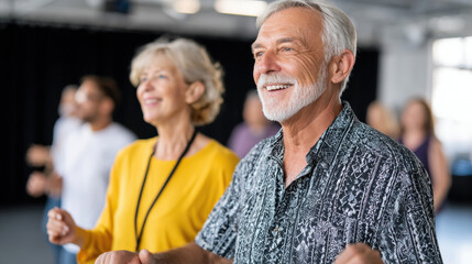 Senior adults enjoying lively dance class smiling and having fun engaging energetic movement bright indoor setting promoting health and social activity seniors participating dance class lively