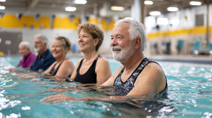 Happy seniors participating in water aerobics class at indoor swimming pool, enjoying exercise and social interaction in lively, supportive environment