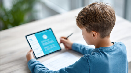 Young boy sitting at desk using tablet with stylus, engaging with educational app or digital learning platform, in bright room with natural light and blurred background