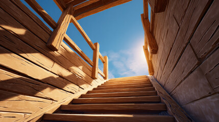 Wooden staircase leading up to outdoor balcony with clear blue sky and sunlight shining through, creating warm tones and shadows on wood surface