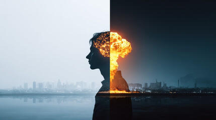 Digital illustration showing woman silhouette with brain on fire, symbolizing potential risks and benefits of superintelligence in futuristic cityscape