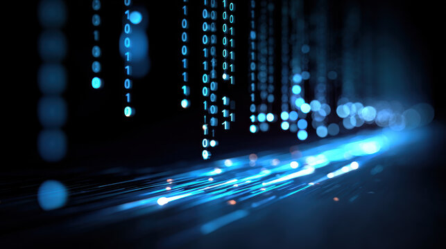 Streams of binary code flow into digital processing environment, creating futuristic and high tech atmosphere filled with glowing blue lights and dynamic motion effects