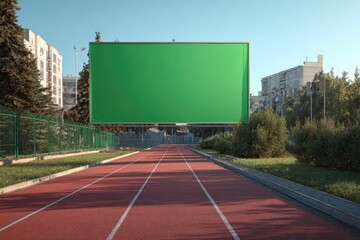 A large, blank green screen billboard stands at the end of a red running track, surrounded by low buildings and greenery under a clear sky