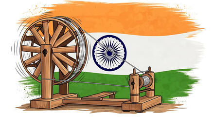 A traditional Indian spinning wheel, charkha, against the backdrop of the Indian flag, symbolizes India's heritage and textile industry.