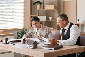 Lawyers with documents holding meeting at table in office