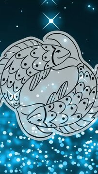Animation of twin fish of pisces zodiac sign over glowing and moving blue particles and stars