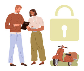 Professionals engaging in discussion with a tablet, a scooter with cargo parked nearby, and a lock symbol. Ideal for teamwork, security, collaboration, logistics, delivery, privacy modern business