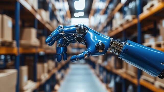 robotic hand performing tasks in a modern distribution center offering a vision of the future with warehouse automation and artificial intelligence solutions