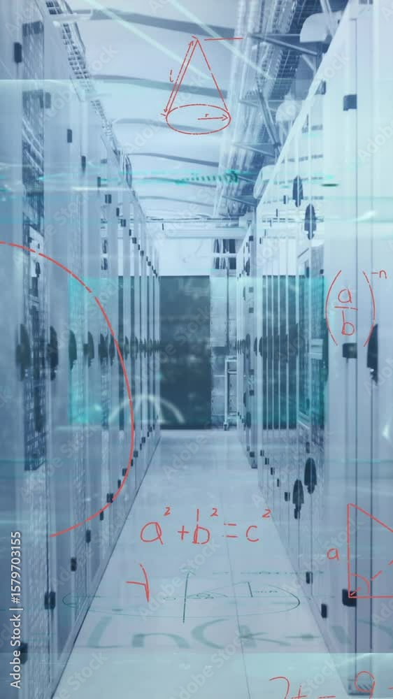 Poster animation of processing data and maths calculations over computer server room