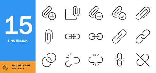 Link unlink icon set. Minimal vector chain symbols. Thin line web icons pack. Includes connection, detach, join, split, attach, bond and more. Editable stroke design.