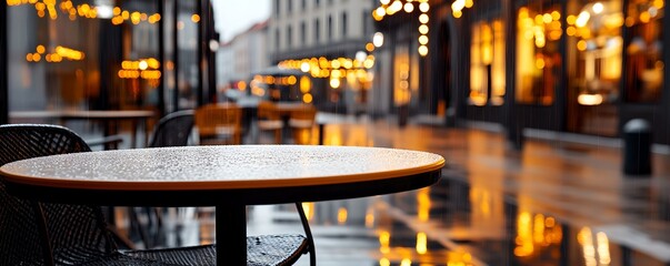 A cozy and intimate rainy night scene of an empty cafe patio with tables and chairs under the glow of warm lighting and reflections on the wet surface