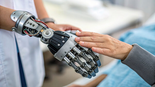 Neuro rehab concept. A robotic hand reaching out to touch a human hand in healing.