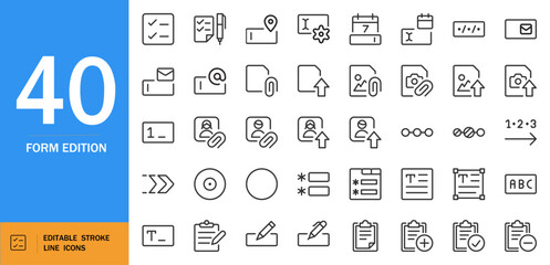 FORM EDITION icon set. Minimalist black & white vector icons for AI apps. Includes documents, checkmarks, arrows, text blocks, scrolls & ABC letters. Editable outline elements.