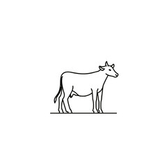 Minimalist line drawing of a cow, black outline farm animal icon for agriculture, dairy farming or livestock industry