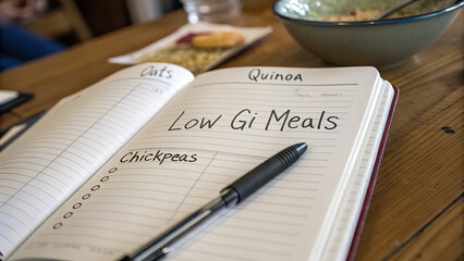 Low glycemic concept. Close-up of a notebook with healthy meal ideas and ingredients.
