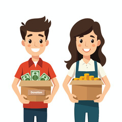 Naklejka premium Happy Young People Holding Donation Boxes - Flat Vector Charity Illustration