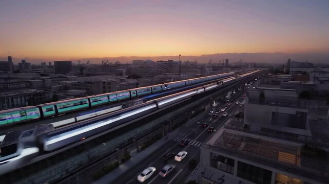 Futuristic smart city, high-speed maglev trains in motion