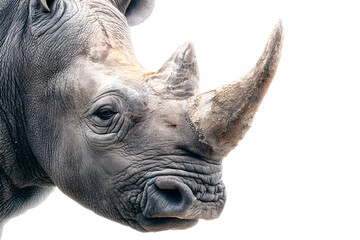Obraz premium Close-up of rhinoceros head with large horn isolated on transparent background