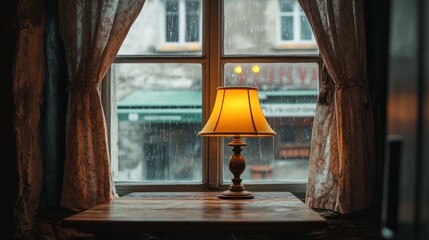 Warm lamplight by a rainy window